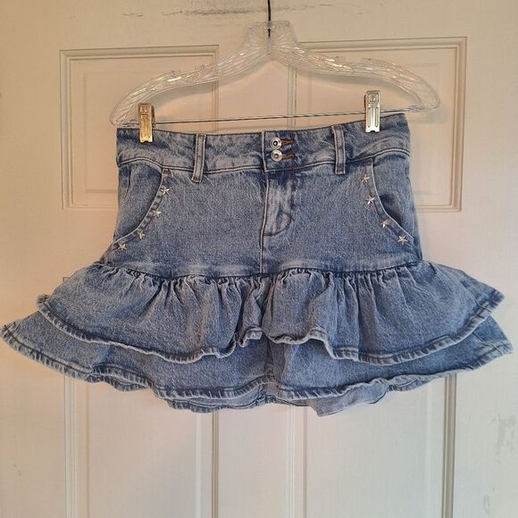 Social Collision Denim Mini Skirt Ruffle Tiers Star Studded Party Skirt Jrs S - Picture 3 of 13